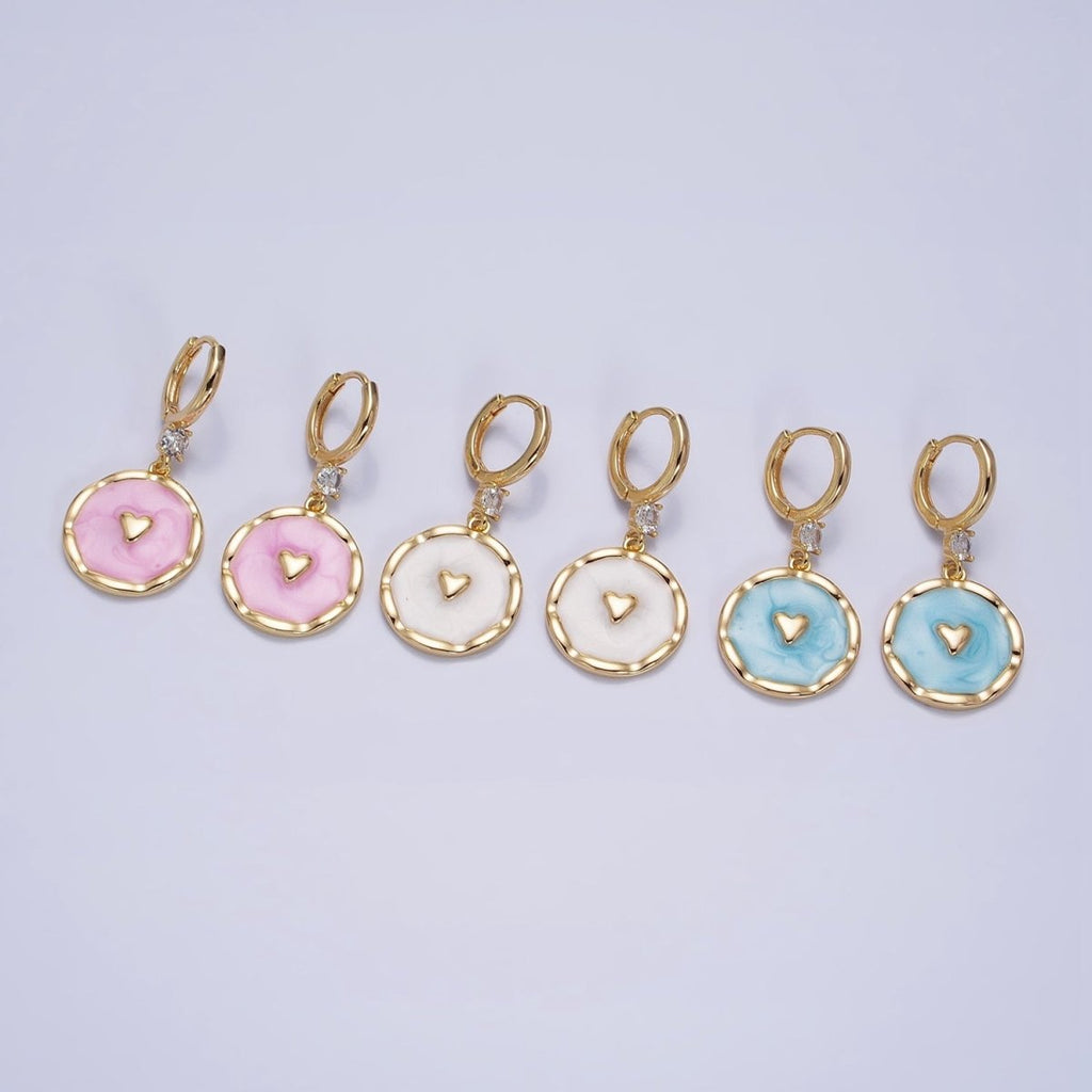 White, Blue, Pink Sparkly Enamel Heart Round CZ Drop Gold Huggie Earrings | AD794 - AD796 - DLUXCA