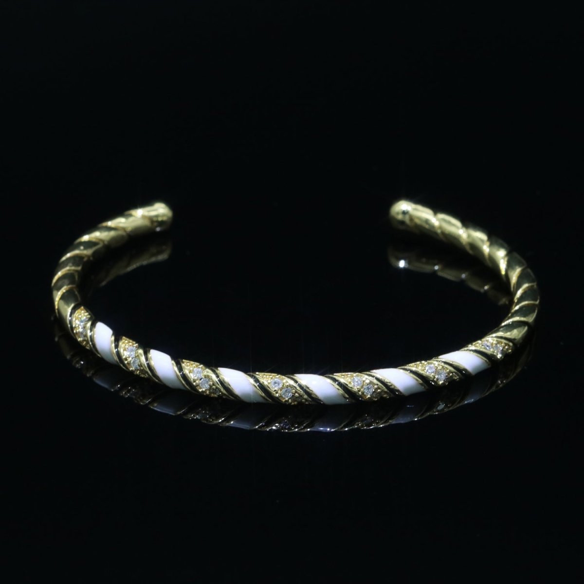 White Enamel Geometric Swirl Gold plated Bangle Open Adjustable Bracelet Vintage Style Inspired | WA-123 Clearance Pricing - DLUXCA