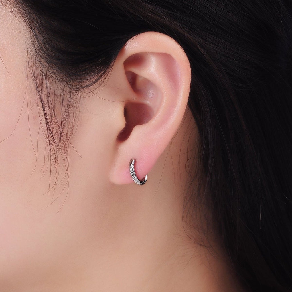 White Gold plated 10mm Croissant Twisted Cartilage Minimalist Huggie Earrings | AB1268 - DLUXCA
