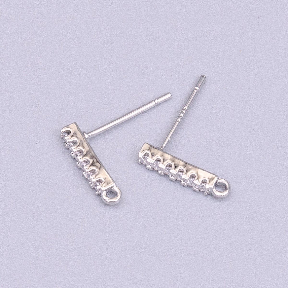 White Gold plated 11.3mm Micro Paved CZ Bar Open Loop Stud Earrings | Z-405 - DLUXCA