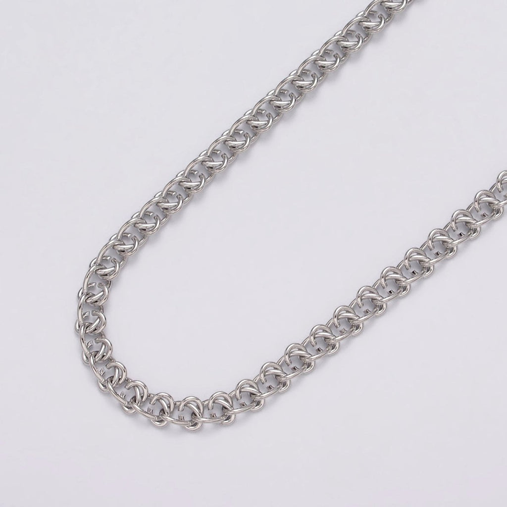 White Gold plated 12mm Geometric C-Shaped Wheat Double Link Designed Unfinished Chain | ROLL-1100 Clearance Pricing - DLUXCA