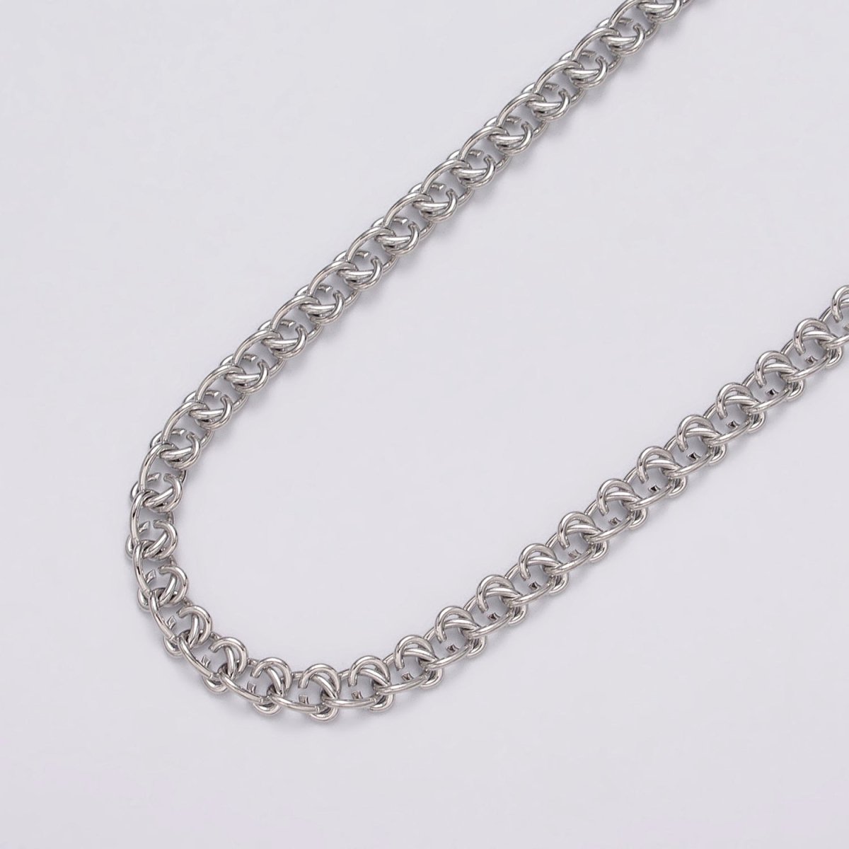 White Gold plated 12mm Geometric C-Shaped Wheat Double Link Designed Unfinished Chain | ROLL-1100 Clearance Pricing - DLUXCA