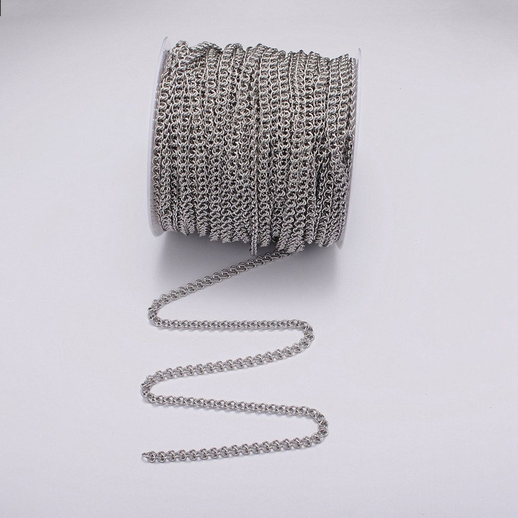 White Gold plated 12mm Geometric C-Shaped Wheat Double Link Designed Unfinished Chain | ROLL-1100 Clearance Pricing - DLUXCA