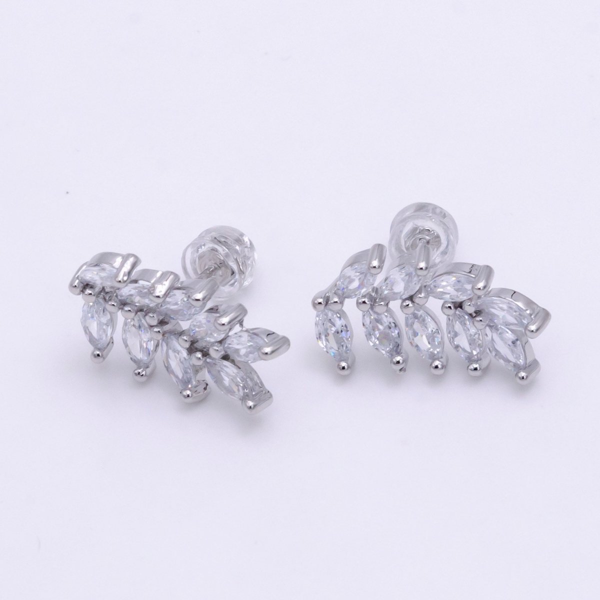 White Gold plated 12mm Marquise CZ Leaf Stud Earrings | V088 - DLUXCA