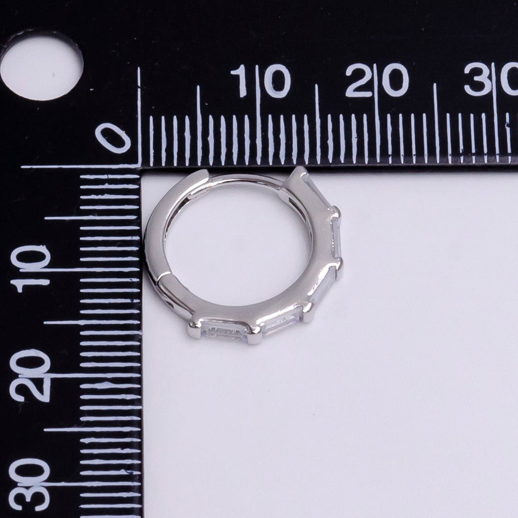 White Gold plated 16mm Clear Baguette Lined Huggie Earrings | AE775 - DLUXCA