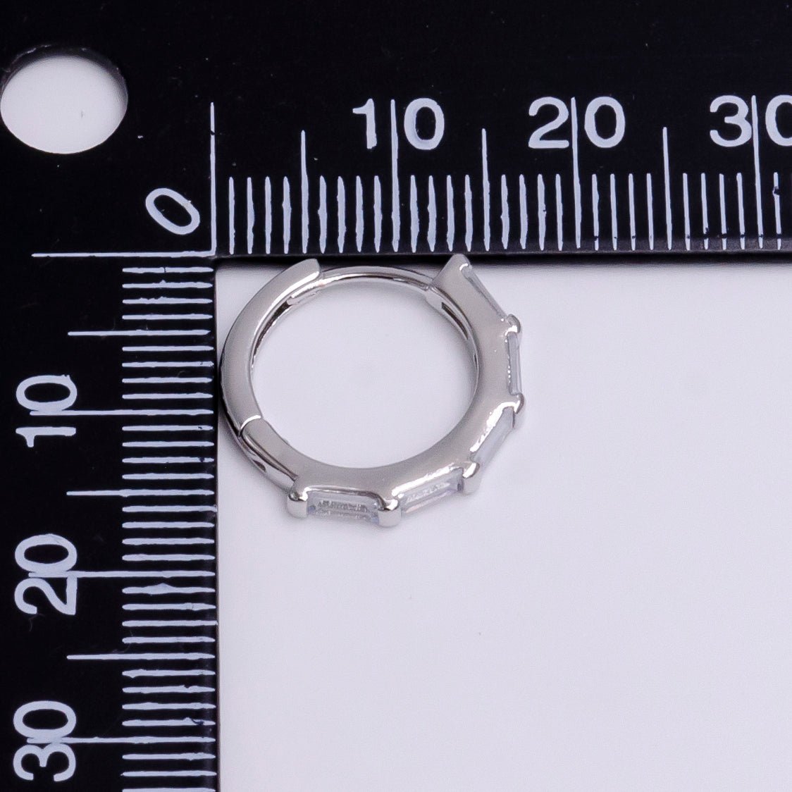 White Gold plated 16mm Clear Baguette Lined Huggie Earrings | AE775 - DLUXCA