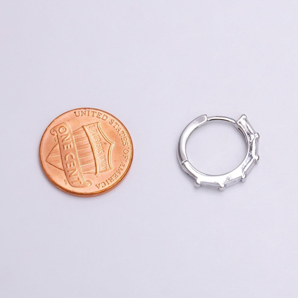 White Gold plated 16mm Clear Baguette Lined Huggie Earrings | AE775 - DLUXCA