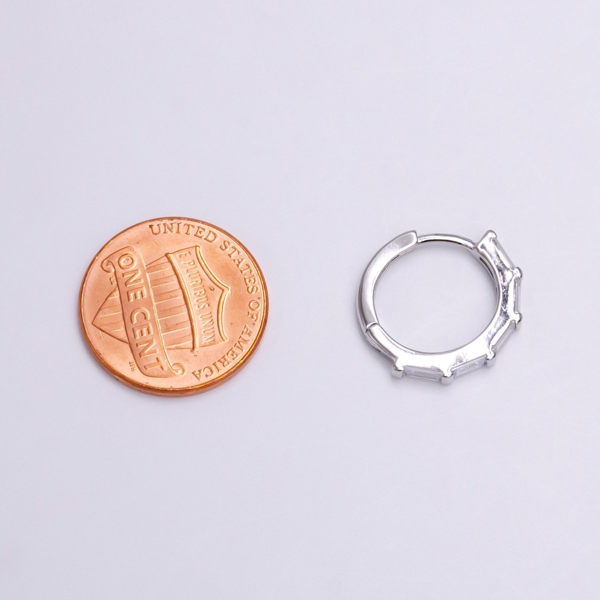 White Gold plated 16mm Clear Baguette Lined Huggie Earrings | AE775 - DLUXCA