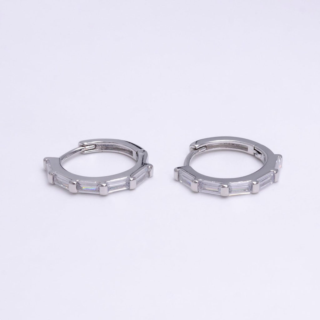 White Gold plated 16mm Clear Baguette Lined Huggie Earrings | AE775 - DLUXCA