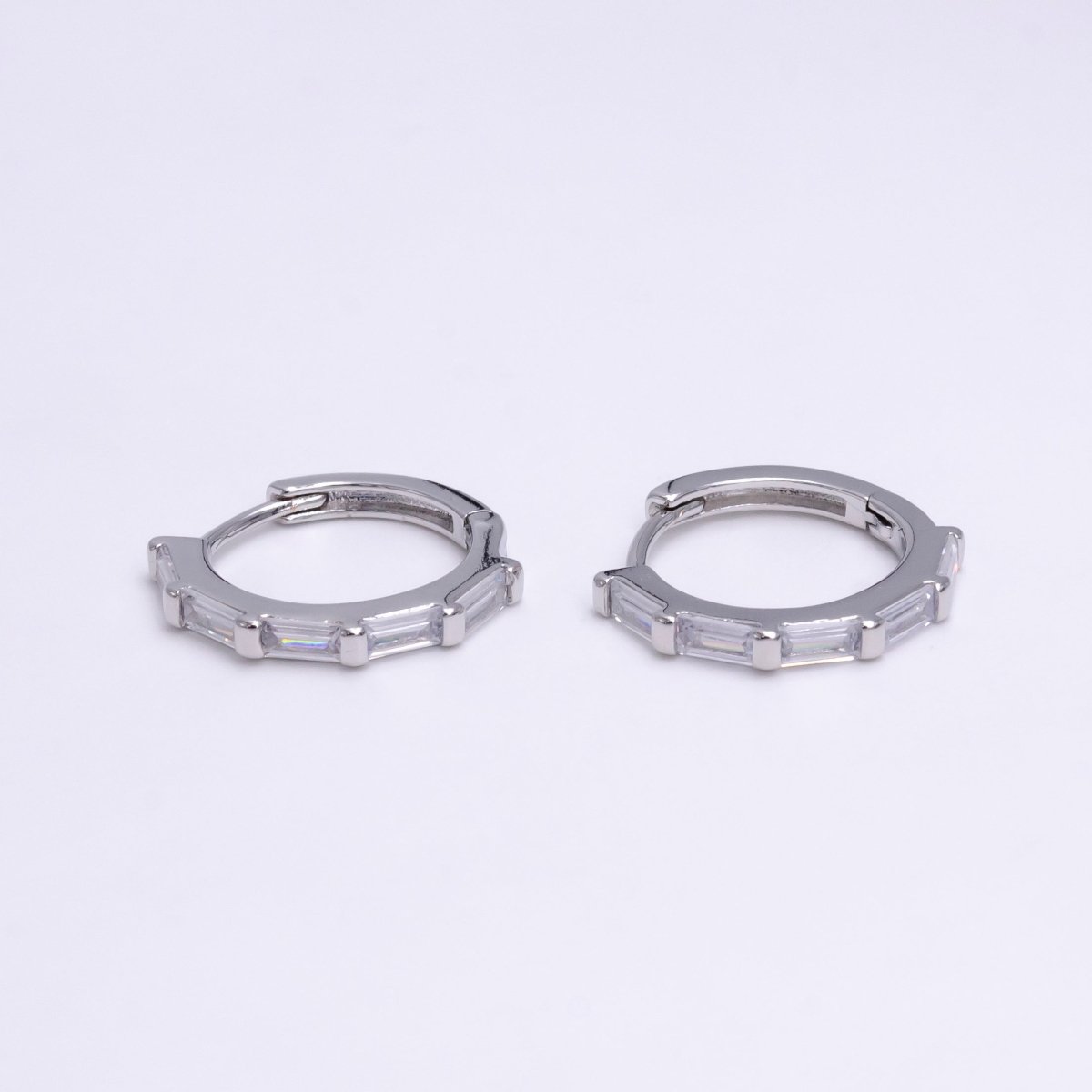 White Gold plated 16mm Clear Baguette Lined Huggie Earrings | AE775 - DLUXCA