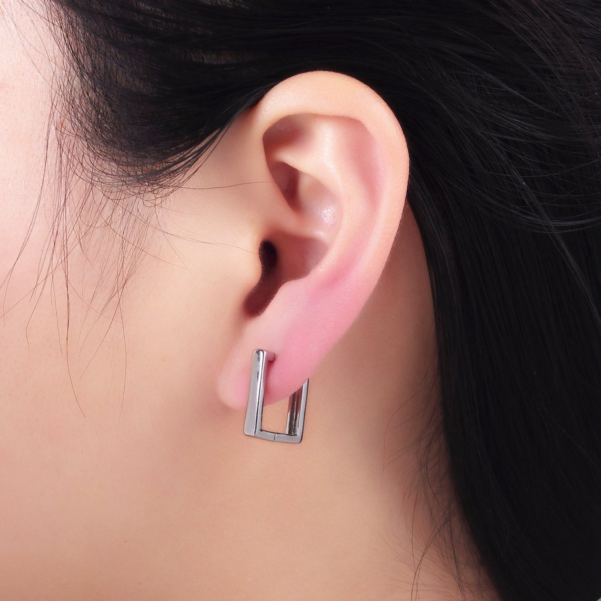 White Gold plated 16mm Rectangle Huggie Earrings | AB1321 - DLUXCA