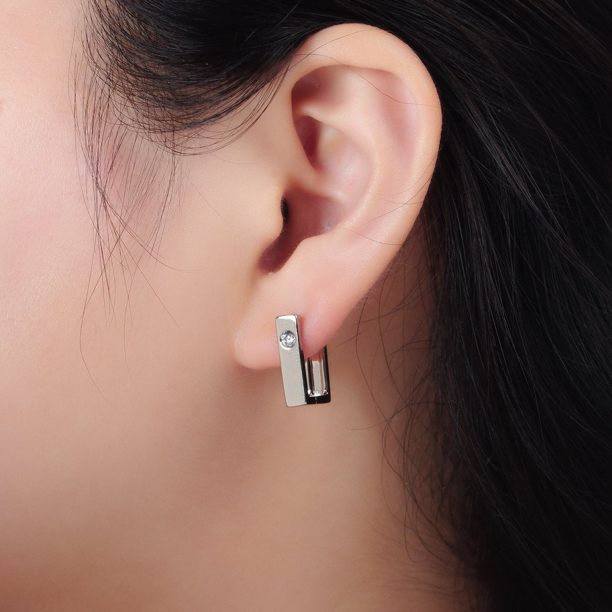 White Gold plated 17mm Clear CZ Square Huggie Earrings | AD670 - DLUXCA