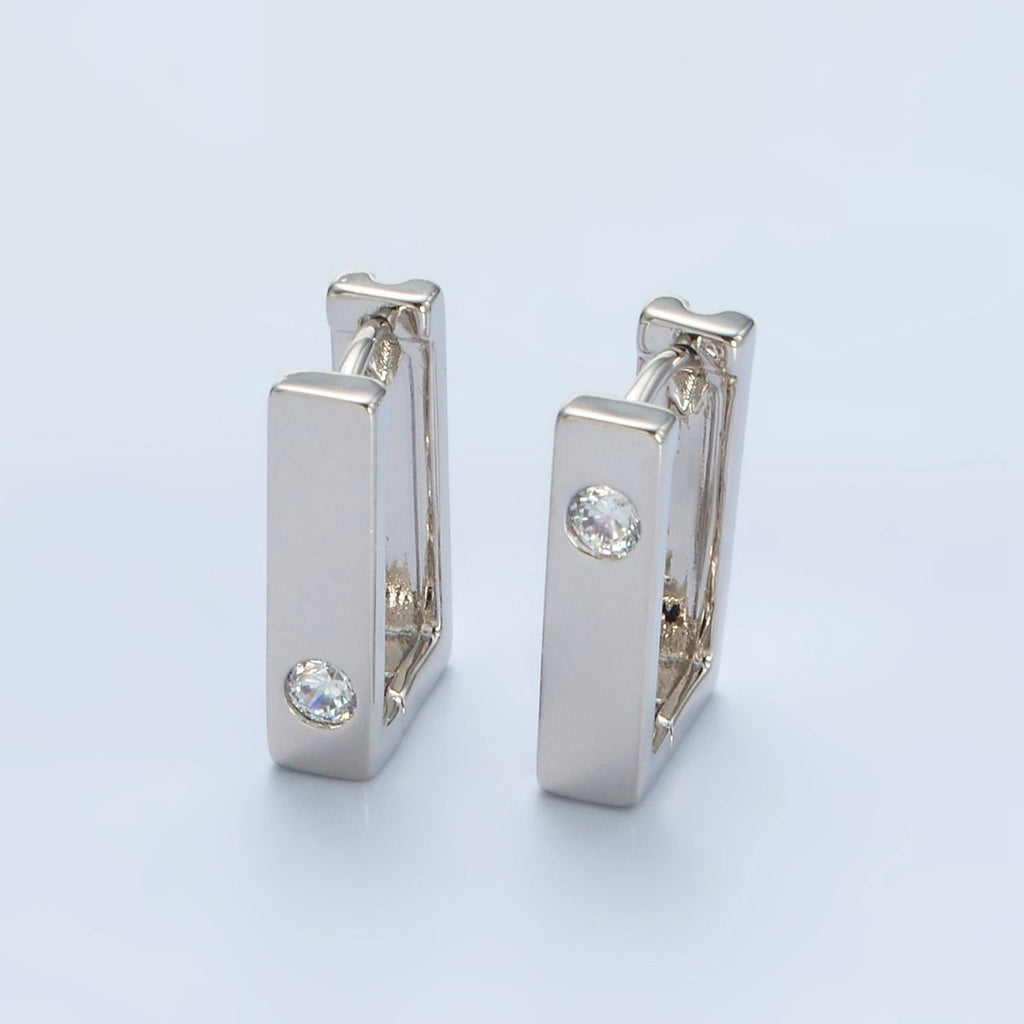 White Gold plated 17mm Clear CZ Square Huggie Earrings | AD670 - DLUXCA