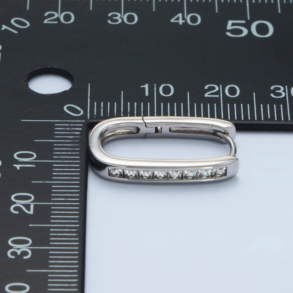 White Gold plated 22mm Clear CZ Lined Oblong Hoop Earrings | AD667 - DLUXCA