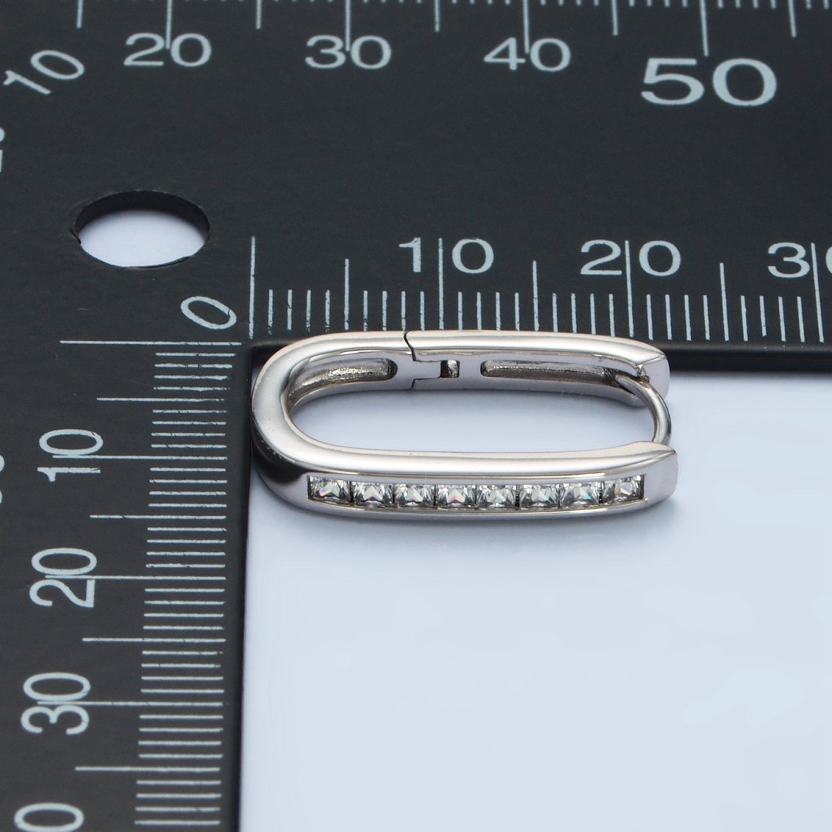 White Gold plated 22mm Clear CZ Lined Oblong Hoop Earrings | AD667 - DLUXCA