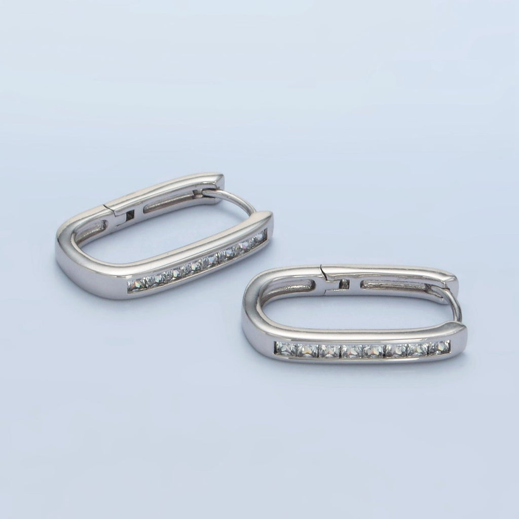 White Gold plated 22mm Clear CZ Lined Oblong Hoop Earrings | AD667 - DLUXCA