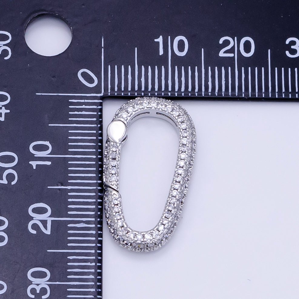White Gold plated 25mm Micro Paved CZ Oblong Push Spring Gate Findings | Z789 - DLUXCA