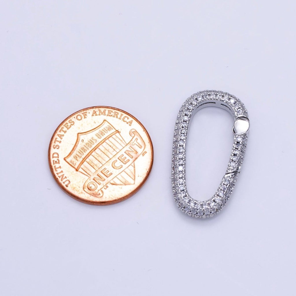 White Gold plated 25mm Micro Paved CZ Oblong Push Spring Gate Findings | Z789 - DLUXCA