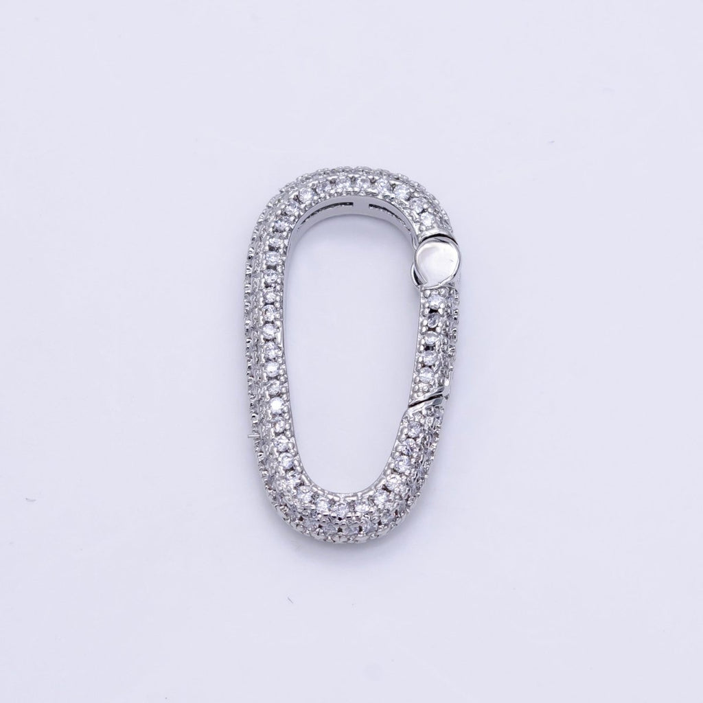 White Gold plated 25mm Micro Paved CZ Oblong Push Spring Gate Findings | Z789 - DLUXCA