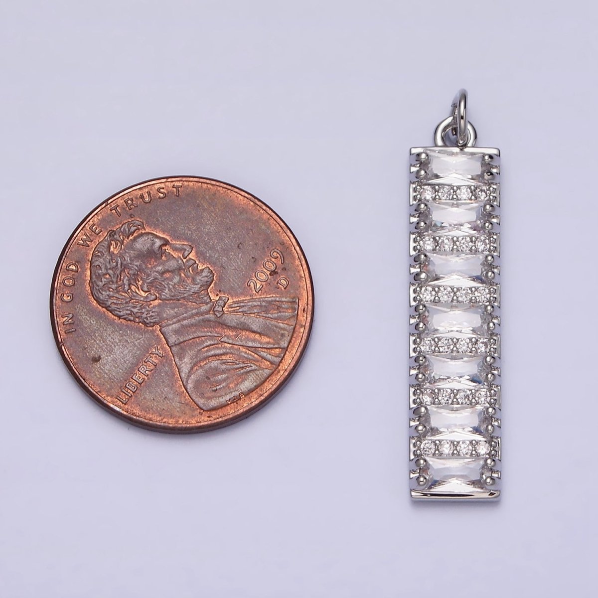 White Gold plated 30mm Clear CZ Baguette Lined Micro Paved Band Tag Charm | AC1306 - DLUXCA