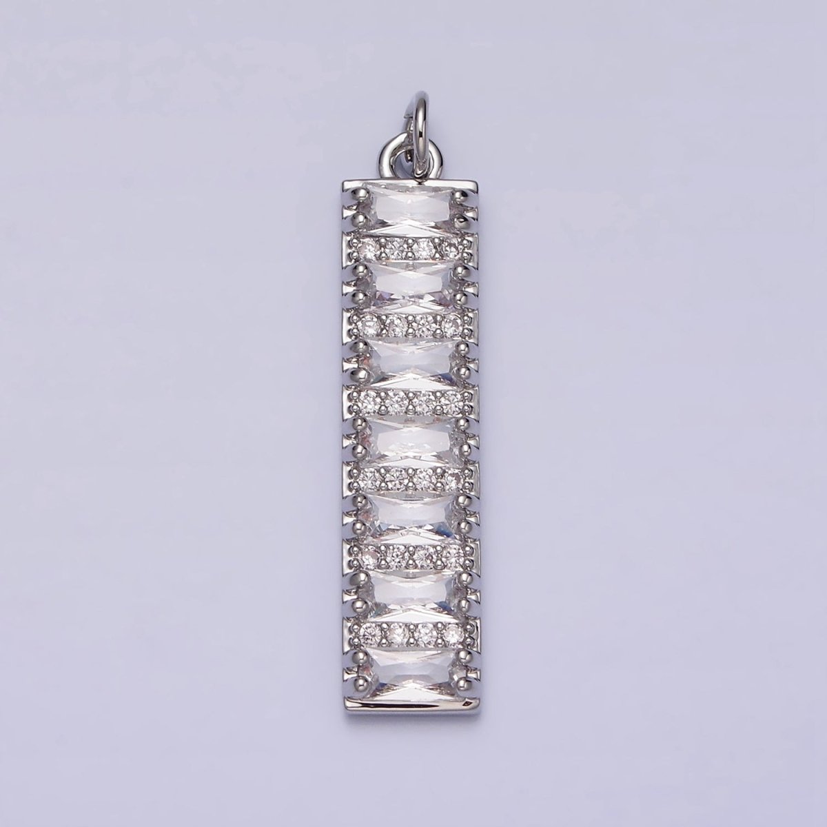 White Gold plated 30mm Clear CZ Baguette Lined Micro Paved Band Tag Charm | AC1306 - DLUXCA