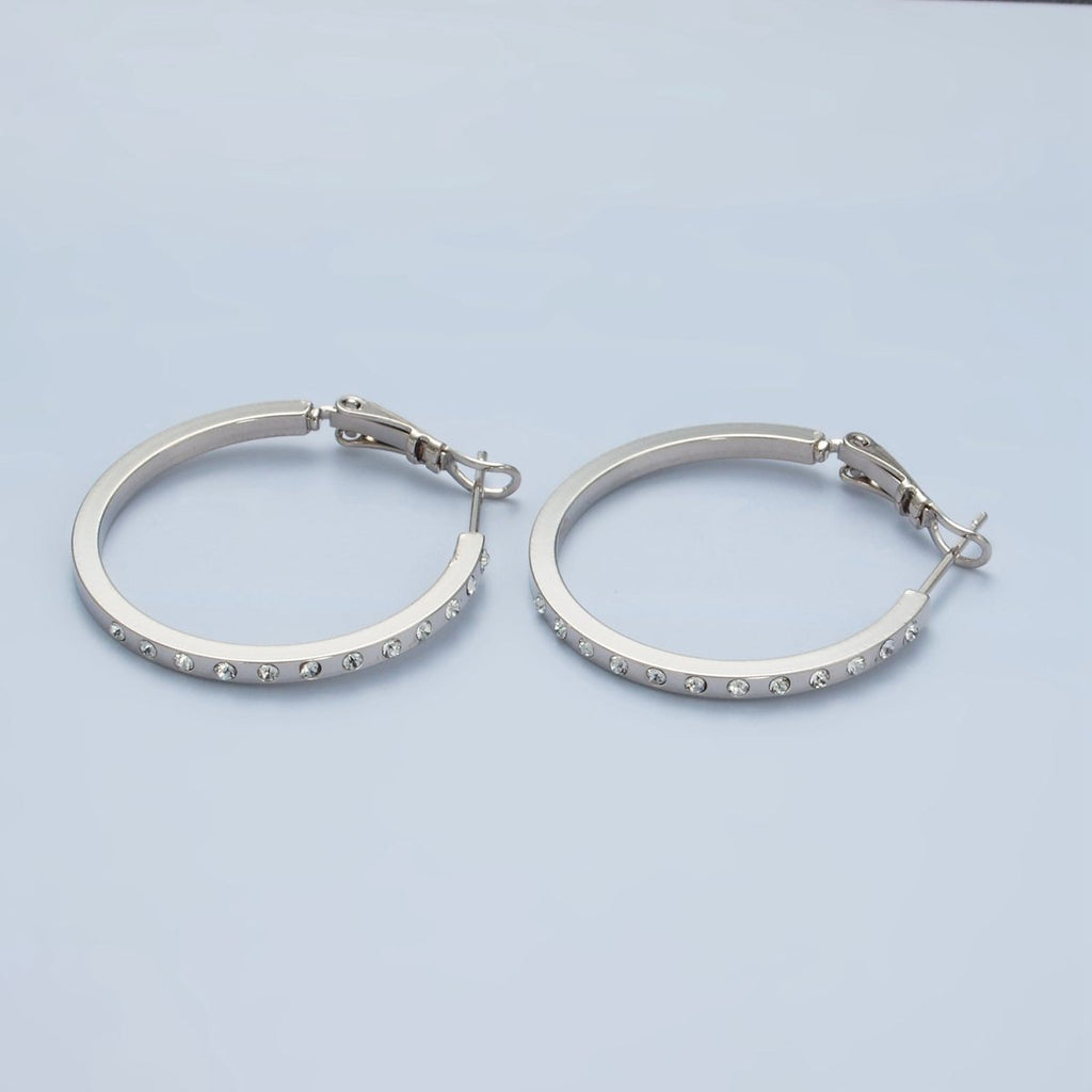 White Gold plated 30mm CZ Dotted Hinge Hoop Earrings | AD668 - DLUXCA