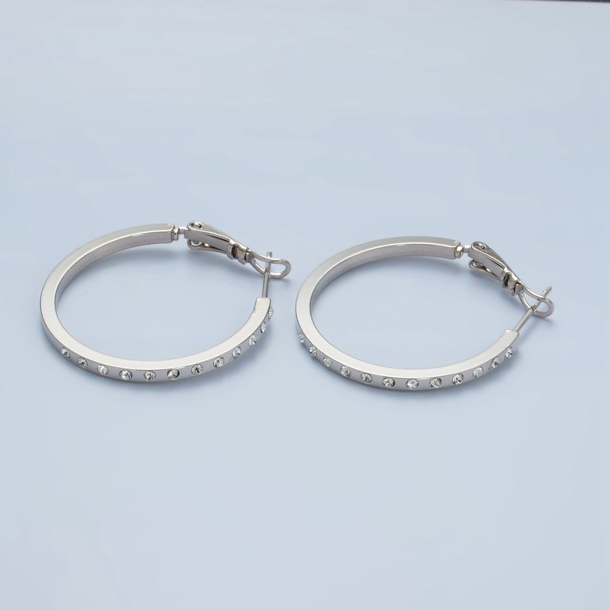 White Gold plated 30mm CZ Dotted Hinge Hoop Earrings | AD668 - DLUXCA