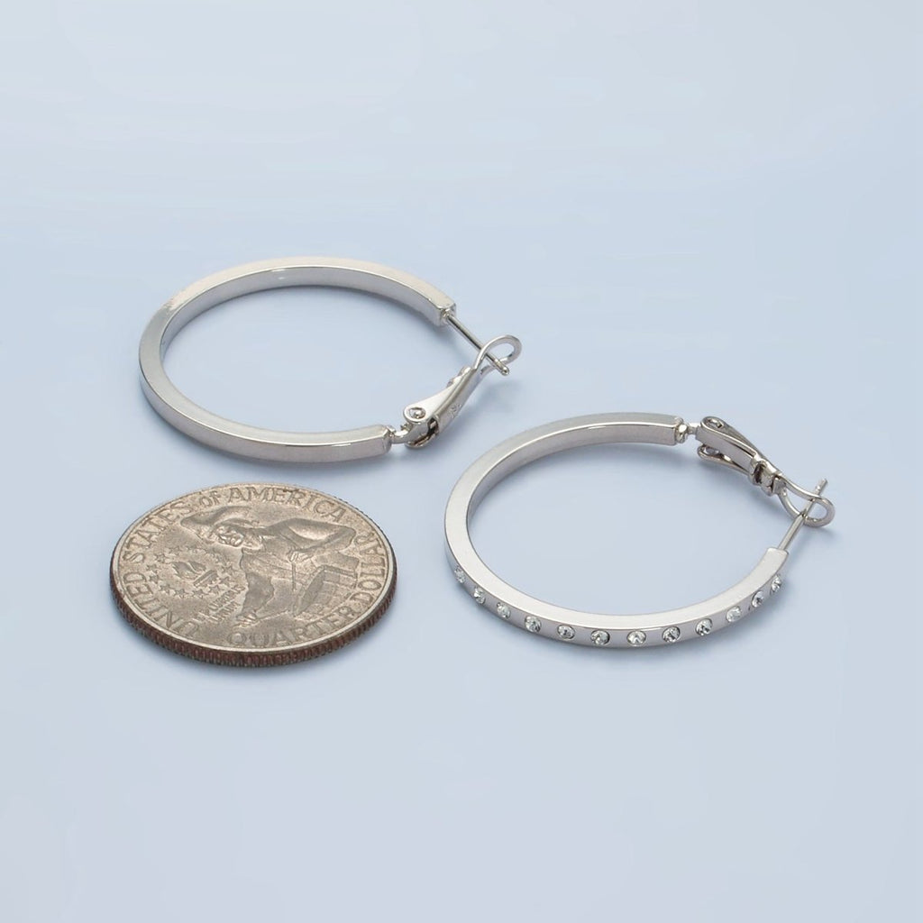 White Gold plated 30mm CZ Dotted Hinge Hoop Earrings | AD668 - DLUXCA