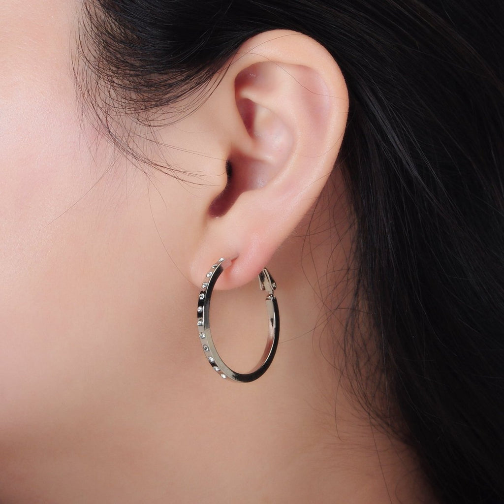 White Gold plated 30mm CZ Dotted Hinge Hoop Earrings | AD668 - DLUXCA