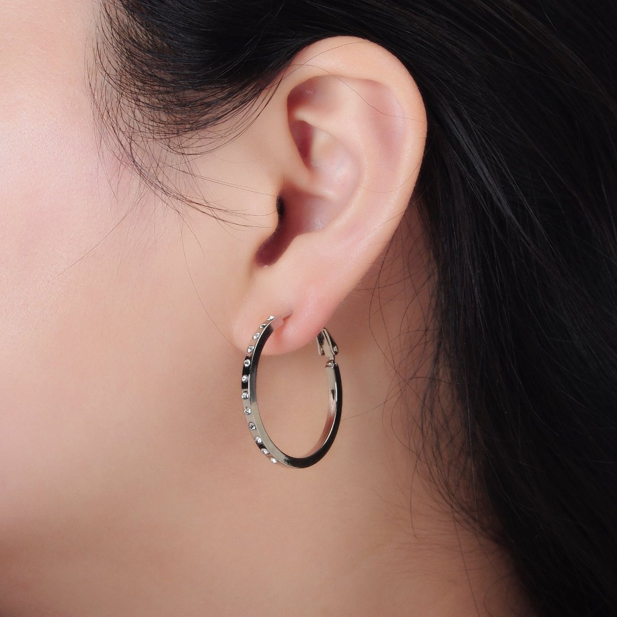 White Gold plated 30mm CZ Dotted Hinge Hoop Earrings | AD668 - DLUXCA
