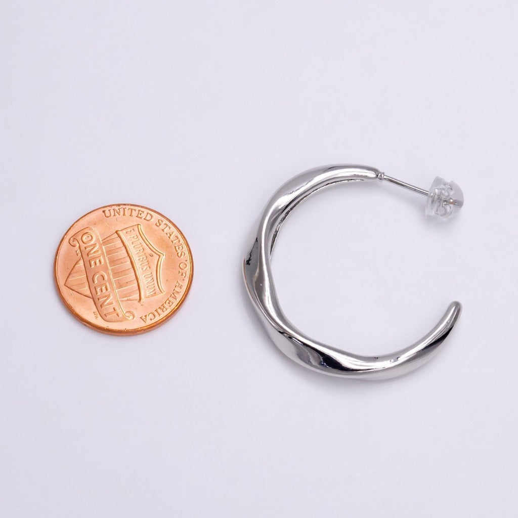 White Gold plated 30mm Twisted C Shaped Geometric Hoop Earrings | P-115 - DLUXCA