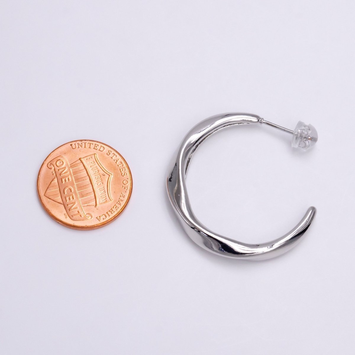White Gold plated 30mm Twisted C Shaped Geometric Hoop Earrings | P-115 - DLUXCA
