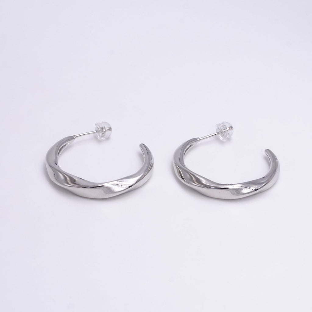 White Gold plated 30mm Twisted C Shaped Geometric Hoop Earrings | P-115 - DLUXCA