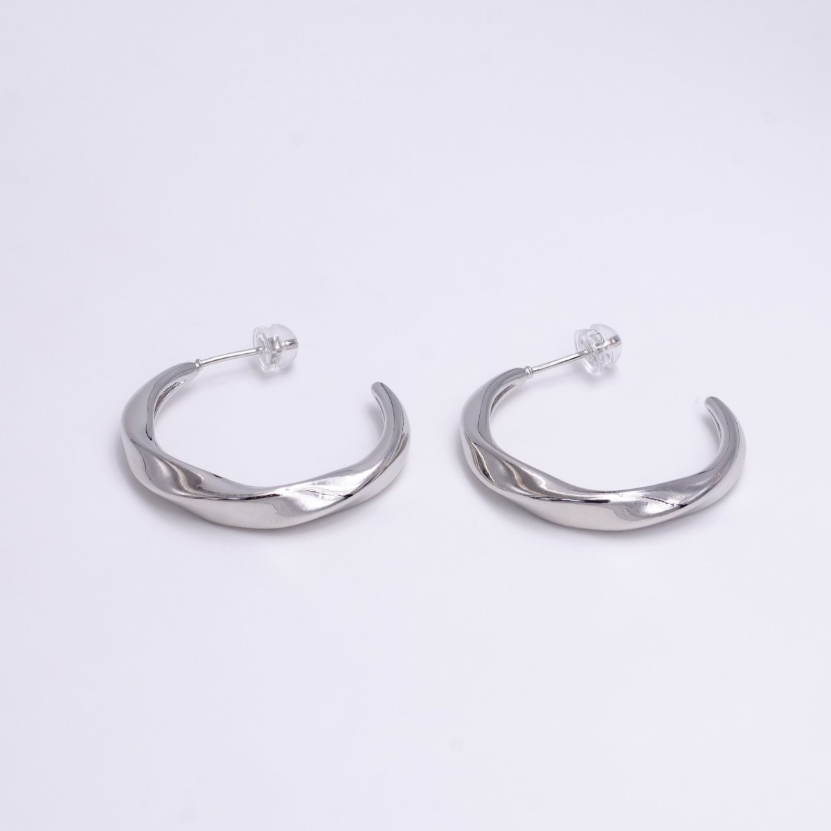 White Gold plated 30mm Twisted C Shaped Geometric Hoop Earrings | P-115 - DLUXCA