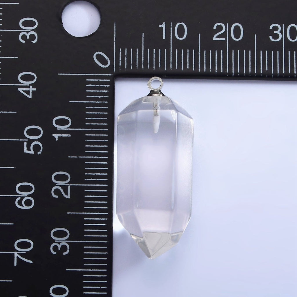 White Gold plated 32mm Clear Quartz Abstract Multifaceted Point Wand Charm | N1649 - DLUXCA