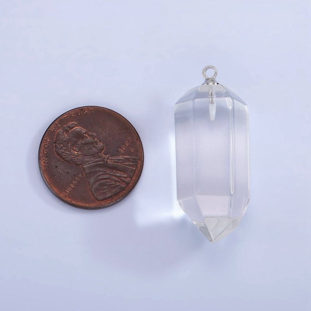 White Gold plated 32mm Clear Quartz Abstract Multifaceted Point Wand Charm | N1649 - DLUXCA