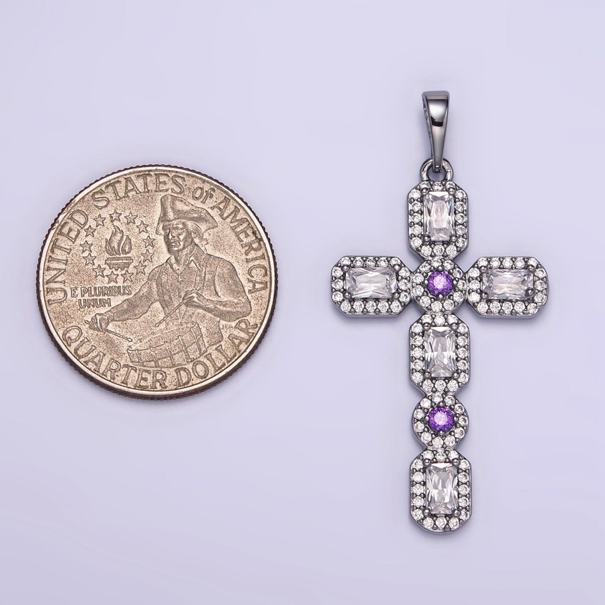 White Gold plated 45mm Baguette Micro Paved CZ Religious Cross Pendant | I441 - DLUXCA