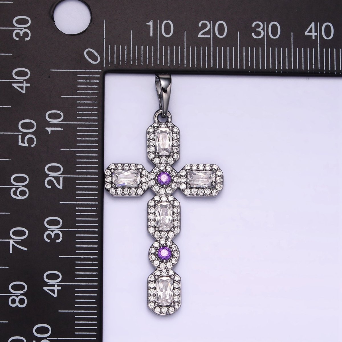 White Gold plated 45mm Baguette Micro Paved CZ Religious Cross Pendant | I441 - DLUXCA