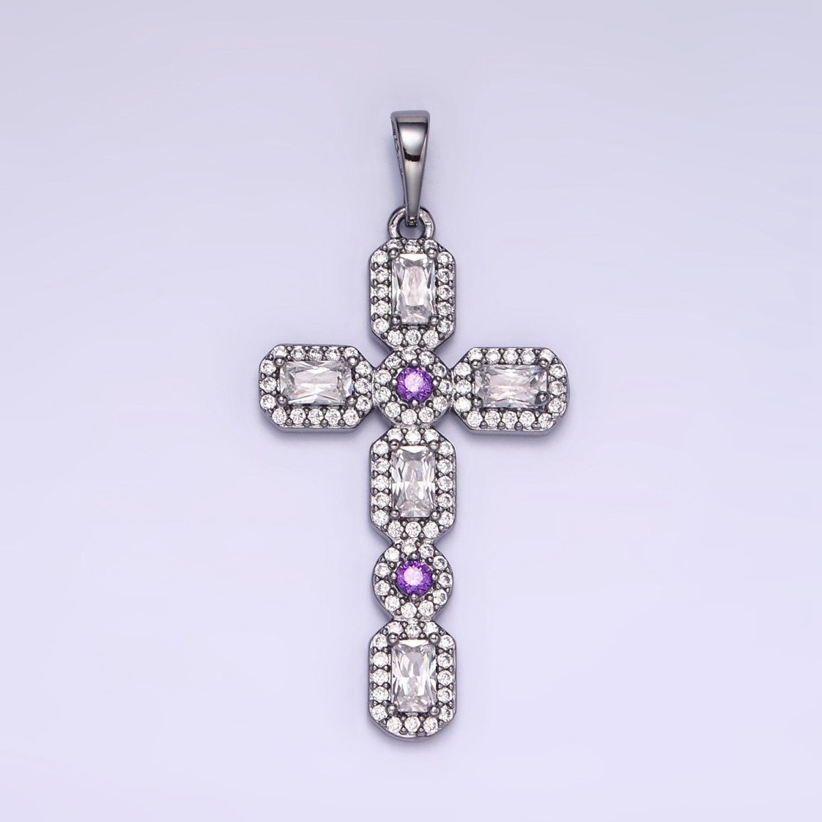 White Gold plated 45mm Baguette Micro Paved CZ Religious Cross Pendant | I441 - DLUXCA
