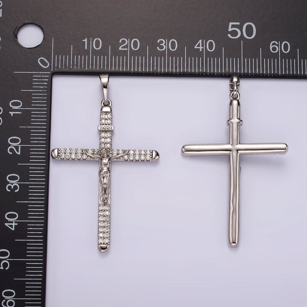 White Gold plated 50mm Jesus Crucifix "INRI" Micro Paved CZ Cross Pendant | AA1123 - DLUXCA