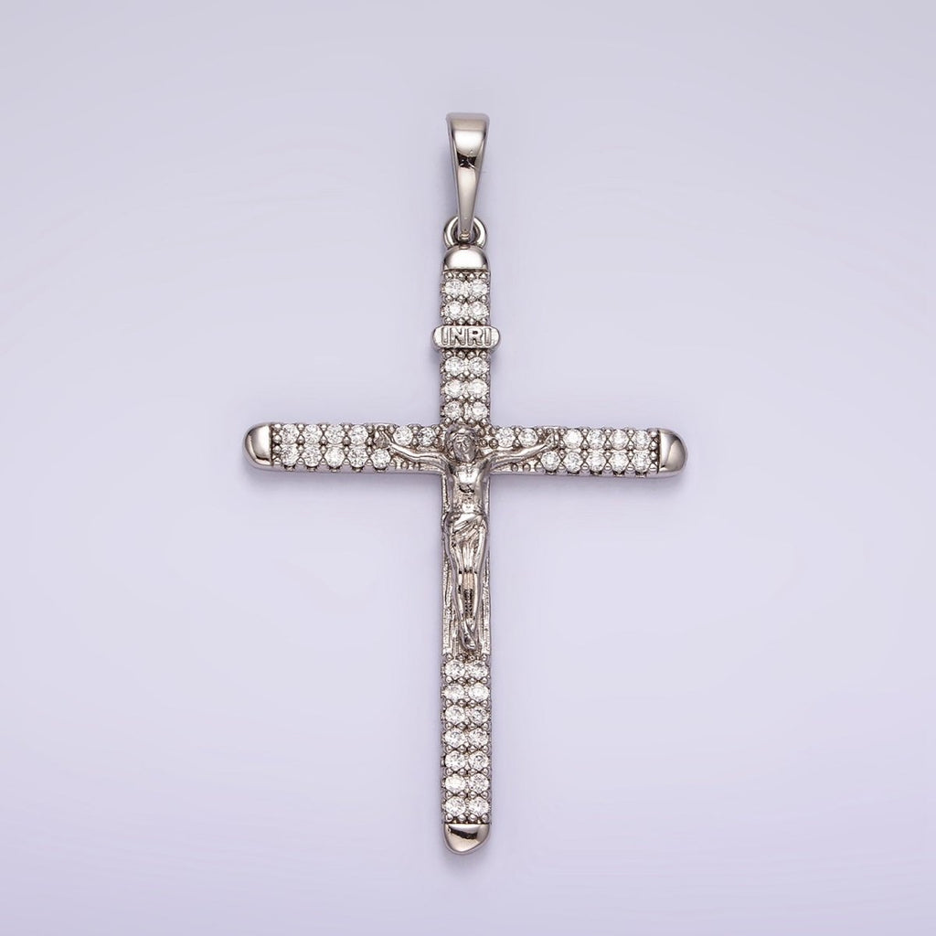 White Gold plated 50mm Jesus Crucifix "INRI" Micro Paved CZ Cross Pendant | AA1123 - DLUXCA