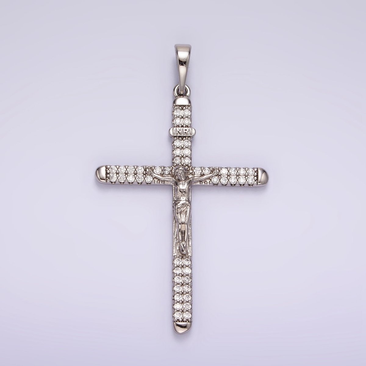 White Gold plated 50mm Jesus Crucifix "INRI" Micro Paved CZ Cross Pendant | AA1123 - DLUXCA