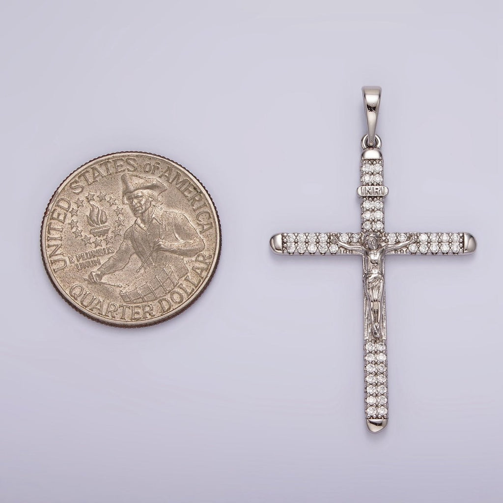 White Gold plated 50mm Jesus Crucifix "INRI" Micro Paved CZ Cross Pendant | AA1123 - DLUXCA