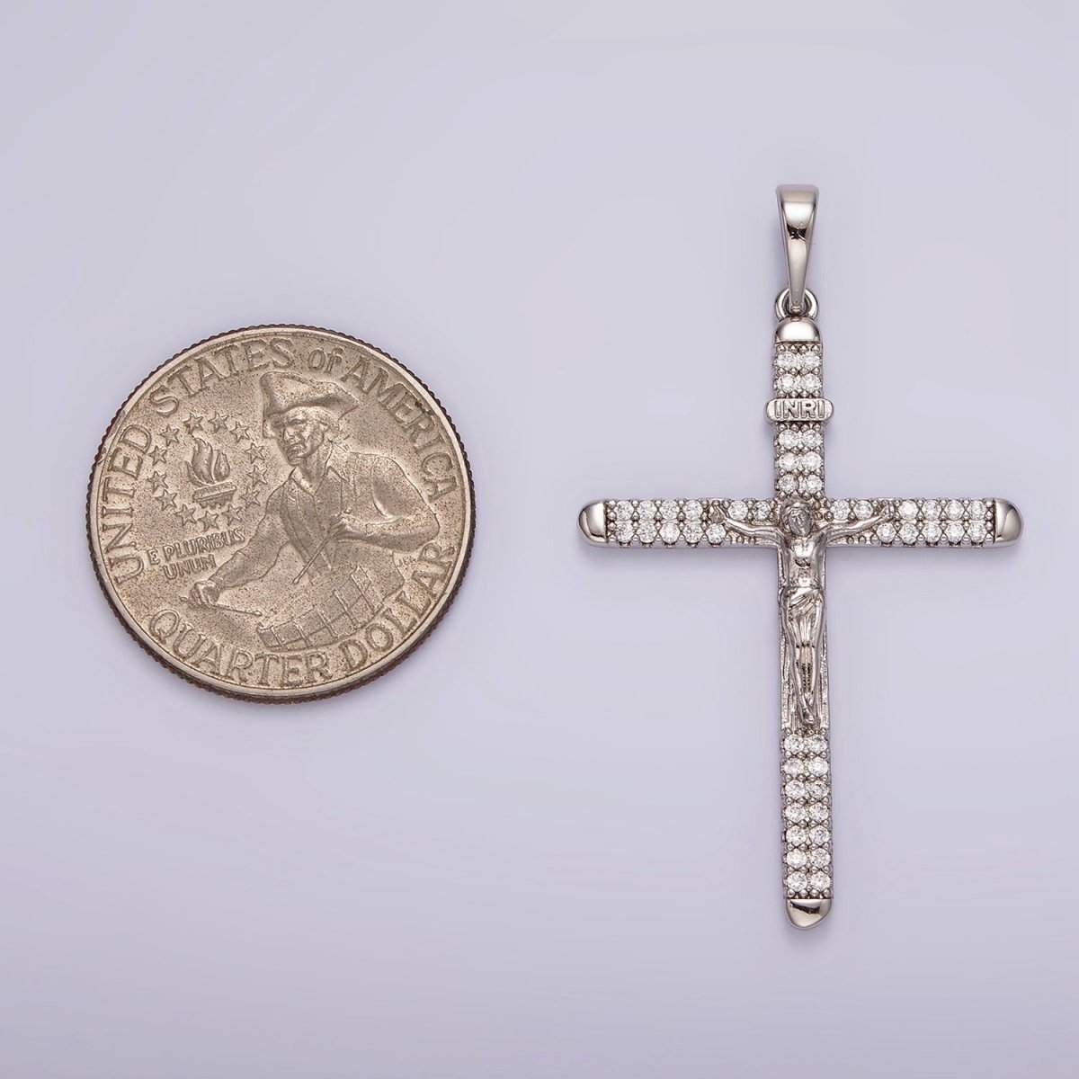 White Gold plated 50mm Jesus Crucifix "INRI" Micro Paved CZ Cross Pendant | AA1123 - DLUXCA