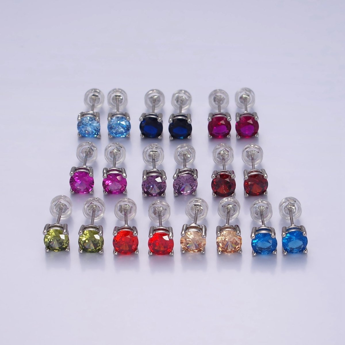 White Gold plated 6mm Round Birthstone CZ Stud Earrings | AB1214 - AB1221