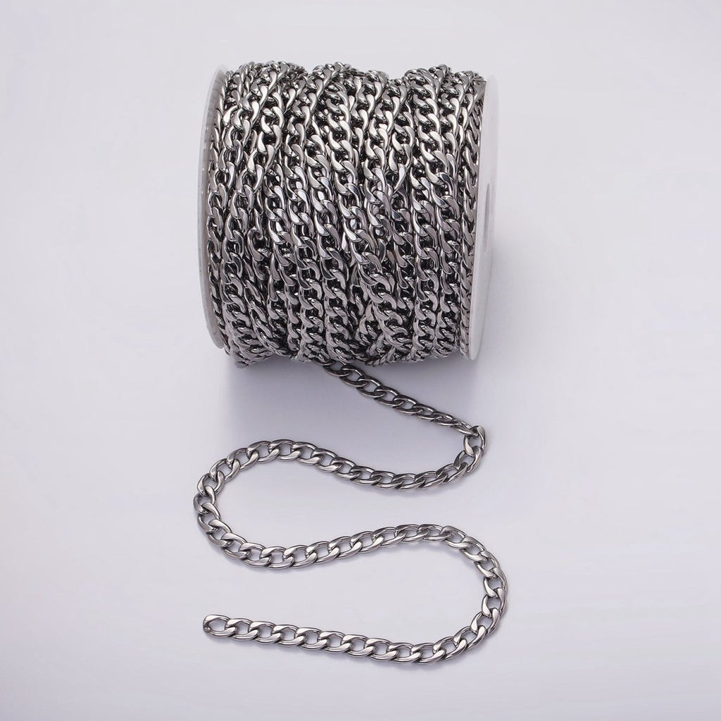 White Gold plated 7.5mm Cuban Concave Flat Curb Unfinished Chain For Jewelry Making | ROLL-1489 - DLUXCA