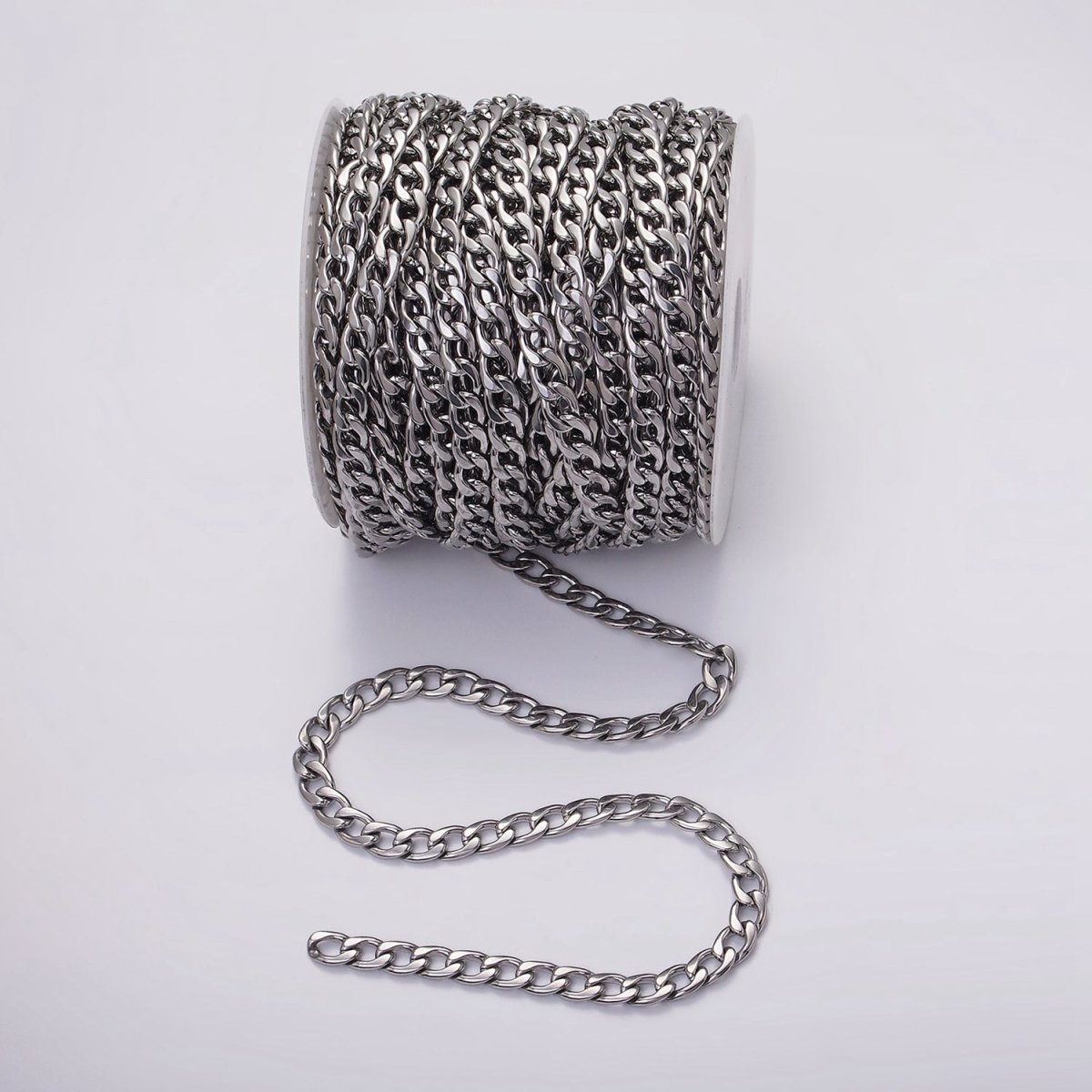 White Gold plated 7.5mm Cuban Concave Flat Curb Unfinished Chain For Jewelry Making | ROLL-1489 - DLUXCA