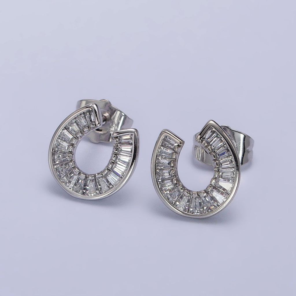 White Gold plated Baguette Circular Lucky Horseshoe Stud Earrings | AB1041 - DLUXCA