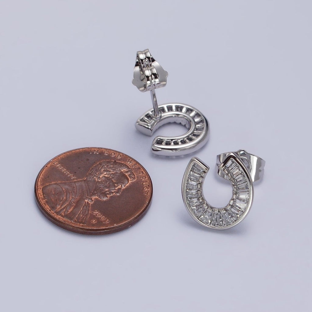 White Gold plated Baguette Circular Lucky Horseshoe Stud Earrings | AB1041 - DLUXCA