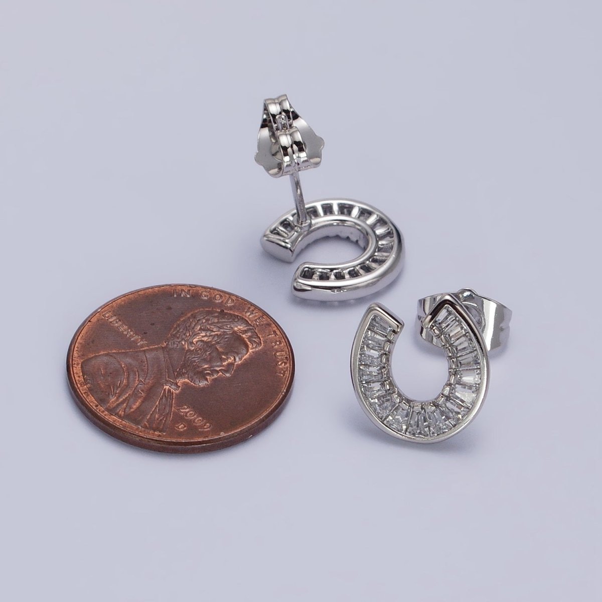 White Gold plated Baguette Circular Lucky Horseshoe Stud Earrings | AB1041 - DLUXCA
